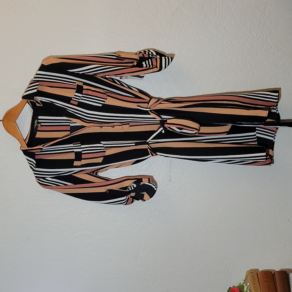 Striped Belted Shirt Dress Button Tab Roll Up Sleeves Small - Picture 6 of 11